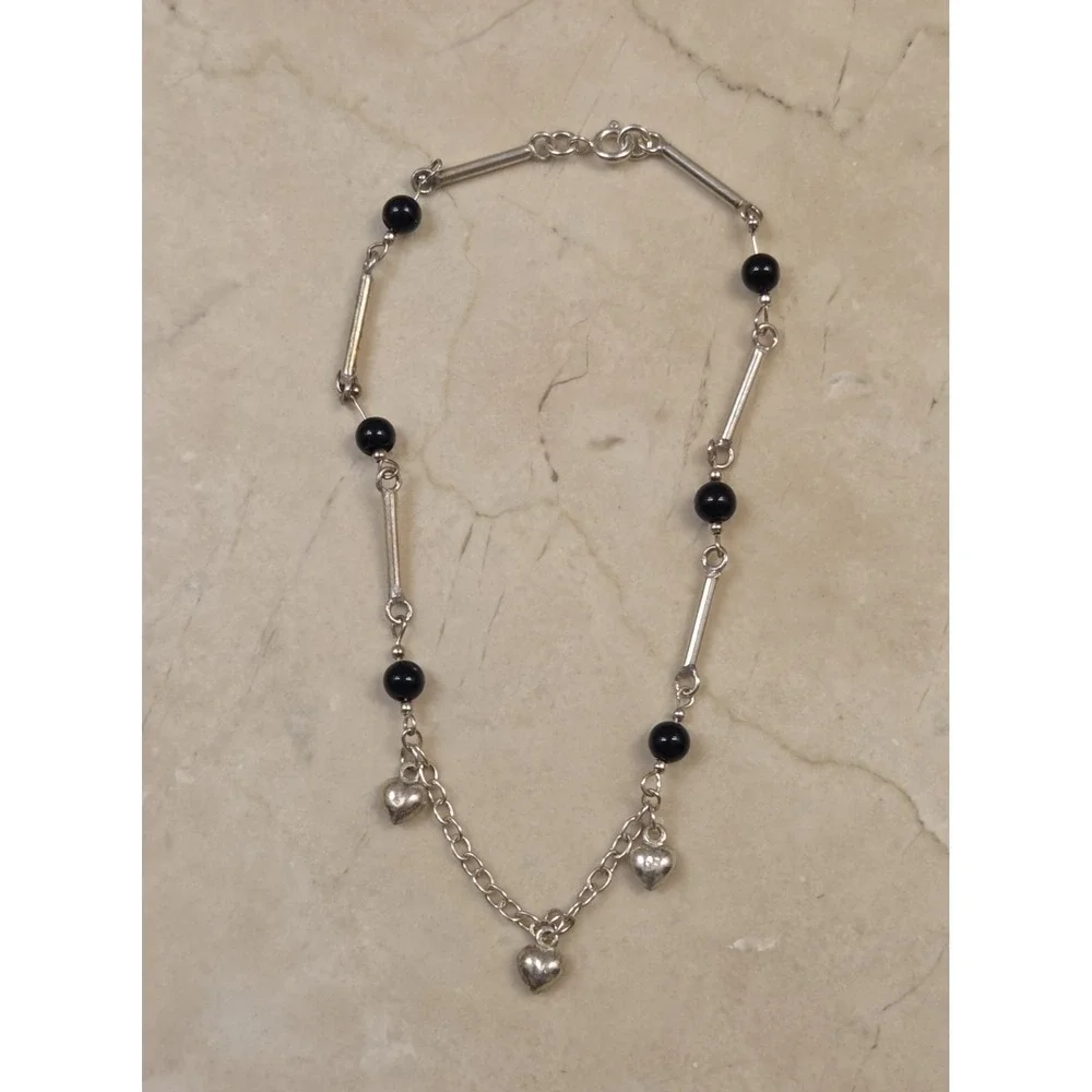 Unique Sterling Silver Black Onyx Dangle‎ Heart Charm Anklet 10.5